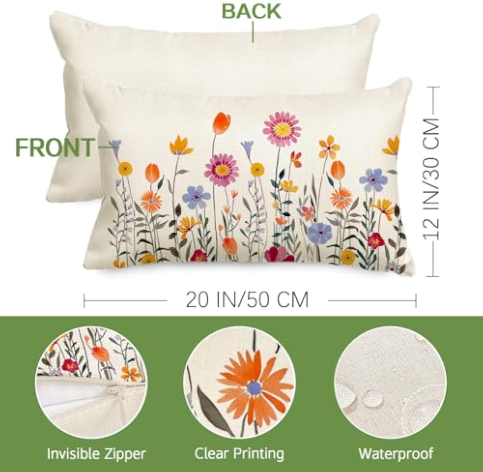 Spring Outdoor Pillow Covers, 12x20 Inch, Waterproof