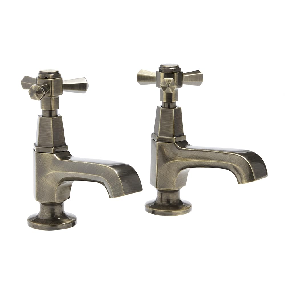 Milano Aged Gold Earlham Art Deco Bathroom Basin Pillar Taps Crosshead Handles