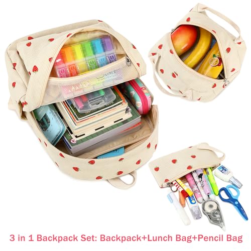 Kids Backpack for Girls Women School Bag Laptop Backpack Casual Daypacks with Lunch Box Pencil Case for Preschool Kindergarten Elementary Bookbag, Strawberry3