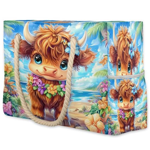 Cute Highland Cow Large Tote Beach Bags for Women with Zipper Watercolor Floral Waterproof Sandproof Gym Swim Pool Grocery Travel Bag
