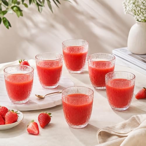 Image of bellemax 300ML Ribbed Drinking Glasses | Premium Clear Juice Glass Tumbler Set | Water, Soft Drinks, Mocktails, Cocktails, Cold Coffee & Beverage Glasses | Home & Kitchen Glassware(Set of 6)