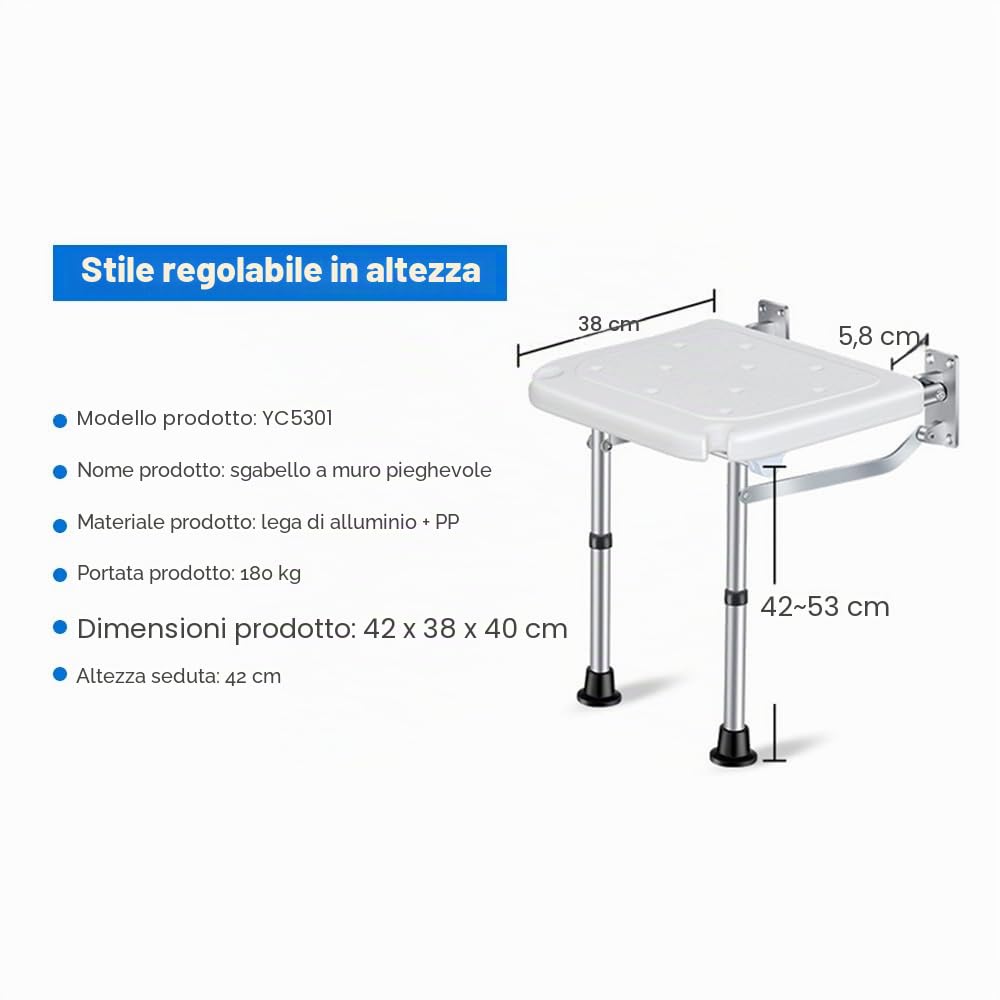 Sgabello da doccia pieghevole, montaggio a parete, sgabello da bagno avvitato con piedini antiscivolo, foro di scarico, fessura per soffione doccia per anziani con disabilità, 42-53 mm
