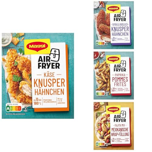 Bundle aus MAGGI Airfryer Knusper Hähnchen & Käse, Hähnchen & Paprika, Pommes Frites, Mexikanische Wrap Füllung