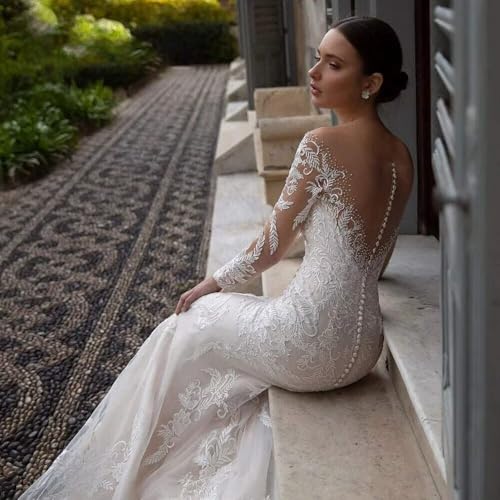 Mermaid Wedding Dresses for Bride Lace Appliques Tulle Boho Beach Bride Dress with Train He89212