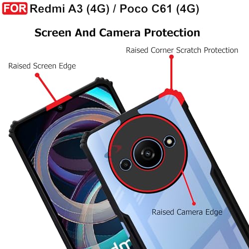 Image of CEDO Backcover for Redmi A3 / Redmi A3x / Poco C61 (4G) | Camera Protection Shockproof Bumper-Edge | Acrylic Crystal Clear 360 Degree Protection TPU+PC | Transparent Eagle Back Case Cover (Black)