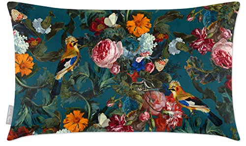 Izabela Peters Cushions With Covers Included, Filled Cushion, Eco-Friendly Velvet Cushions, 50 x 30 cm, Birds in Paradise - Teal, Chair Cushions, Sofa Cushions, Seat Cushions