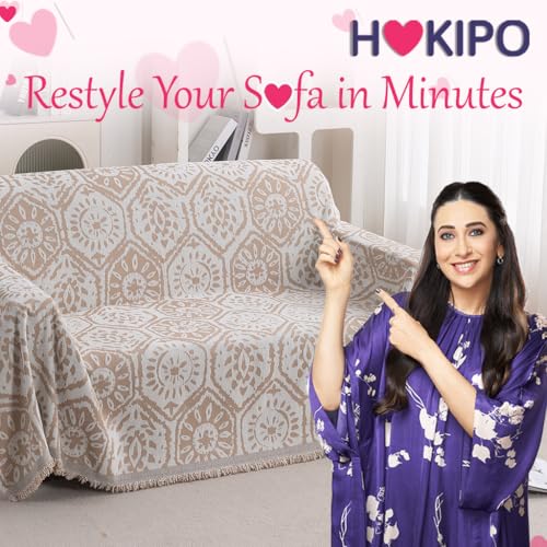 Image of HOKIPO Printed 320 GSM Chenille Sofa Cover Throw Blanket for 2 Seater Sofa - All Season, 'Serene Abode Series' Boho Floral Tile (180x250 cm) (AR-6632-D5)