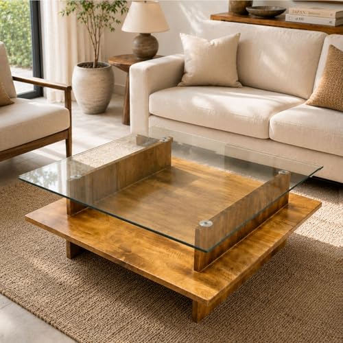 Image of Gharaana Bella Glass Top Solid Wood Center Table, Square, 102 x 102 x 38 cm, Natural Wood Finish