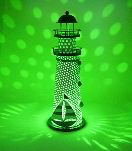 Metal Led Lighthouse Decor, 11''H Nautical Ocean Themed Lighthouse Home Decor With Sailboat Statue Conch Seashell & Fish Net (Led Lighthouse D) #TOP4