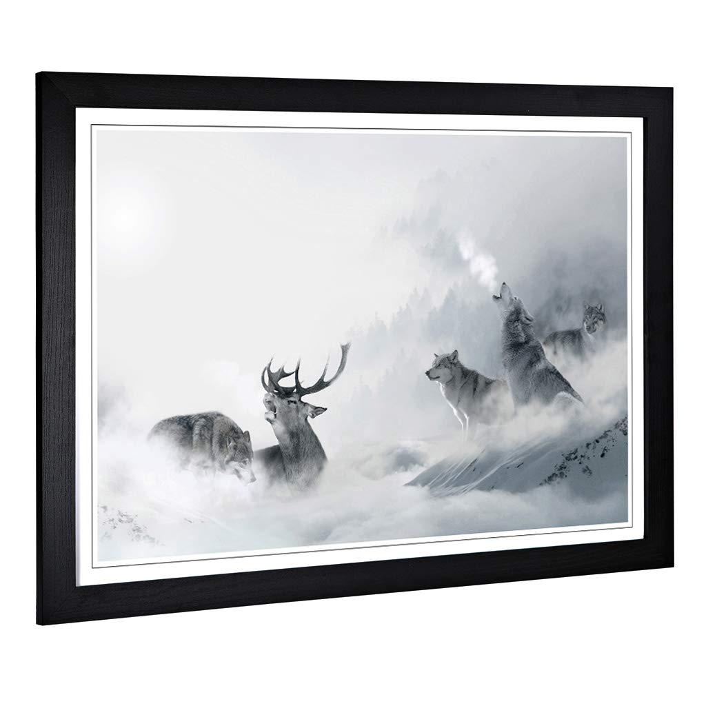 Big Box Art Framed Print of Wolves and Stag Deer Forest Landscape Design | Wall Art Picture | Home Decor for Kitchen, Living Room, Bedroom, Hallway, Black, A2 / 24.5x18 Inch / 62x45cm