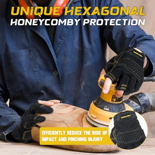 AIGEVTURE Carpenter Work Gloves with Impact Reducing Palm Padded Half Finger Mechanic Gloves, TPR Protector - Black Medium