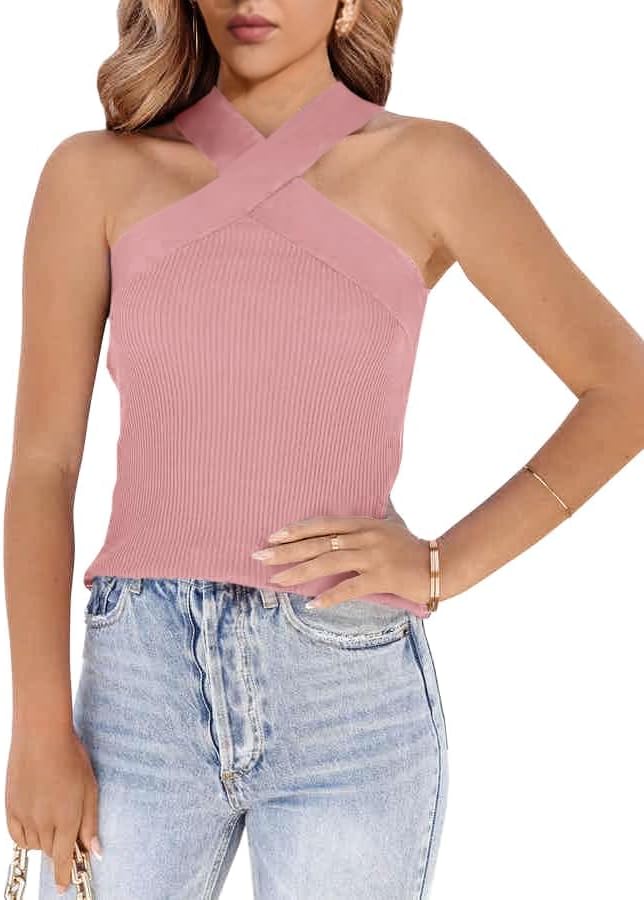 Womens Criss Cross Halter Sweater Vest Tops Summer Sleeveless Pullover Casual Lightweight V Neck Knit Tank Top - Image 2
