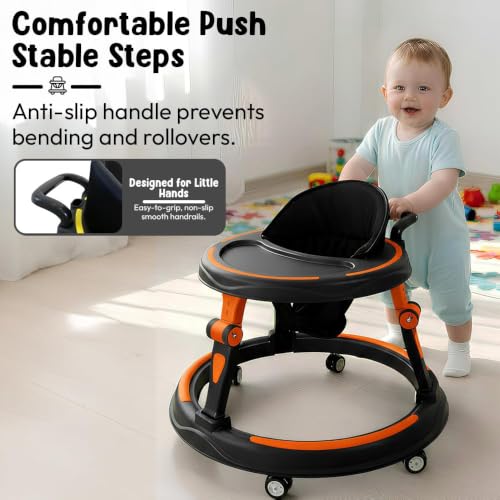 Image of StarandDaisy Baby Walker for Babies, 6-18 Month Baby Boy & Girl, Adjustable Height Infant Learning Walker with 360 Wheels, Anti-Slip, Comfortable Padded Seat, Activity Tray, Foldable Toddler Walker (Orange-Black)