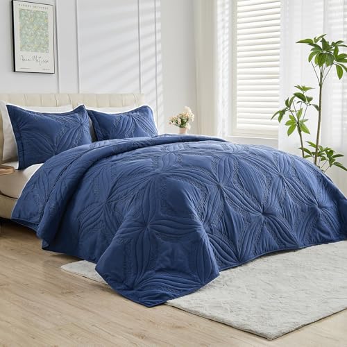 Image of Kingnex Oversized King Bedspreads 128x120 for Tall King or Cal King Bed Ultrasonic Quilted Coverlet Set 3 Piece Include 1 Extra Wide Quilt 2 Pillowcases Navy