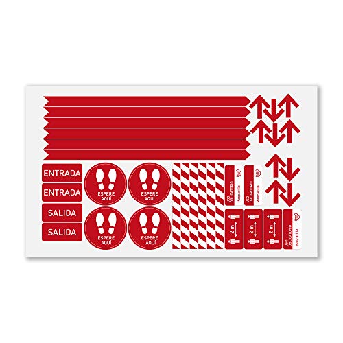 Pack 36 Vinilos para Suelo Antideslizante con certificado R9 | Adhesivos de Medidas de Protección y Distancia de Seguridad | Vinilo para crear Limitaciones, Circulación y Zonas de Espera (ROJO)