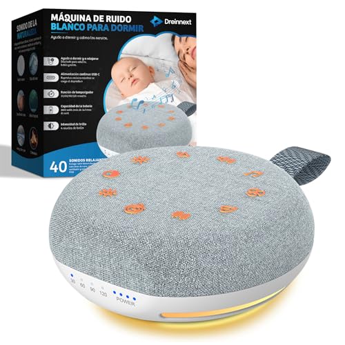 Dreinnext® Máquina de Ruido Blanco Bebé y Adulto | 40 Sonidos Relajantes, Luz Nocturna Suave, Temporizador y Volumen Ajustable | Regalo Bebé Recién Nacido Niño o 6 Meses | USB Recargable