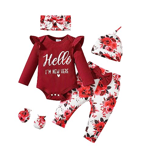 Image of Sinhoon Newborn Baby Girl Clothes Hello I'm New Here Letter Romper+Floral Pants+Hat+Headband+Coming Home Outfits