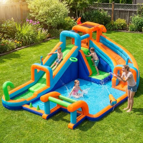 Condition photo showing Good Condition for airmyfun inflatable dinosaur water slide with dual racing slides, 6-in-1 mega water park for kids with soccer goal and basketball hoop, 750w blower included