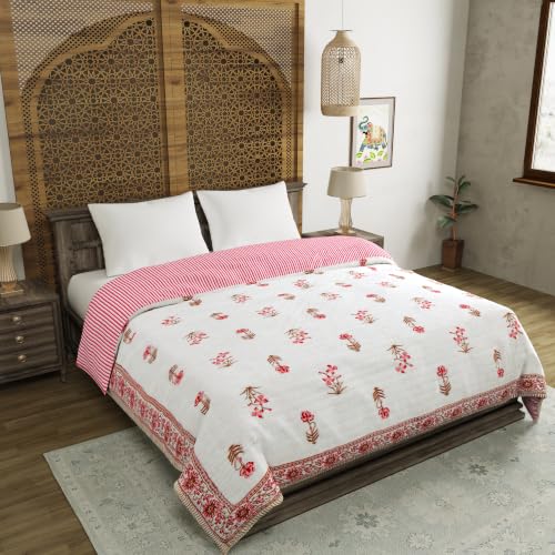 Image of BLOCKS OF INDIA Hand Block Printed Cotton King Size Quilt /Rajai | Pink Peach FLR