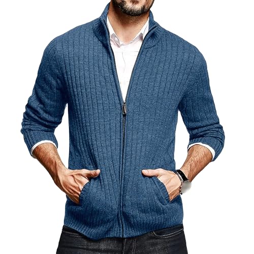 Men Full Zip Sweaters Cardigan Full Zip Up Stand Collar Slim Fit Casual Knitted Sweater with 2 Front Pockets