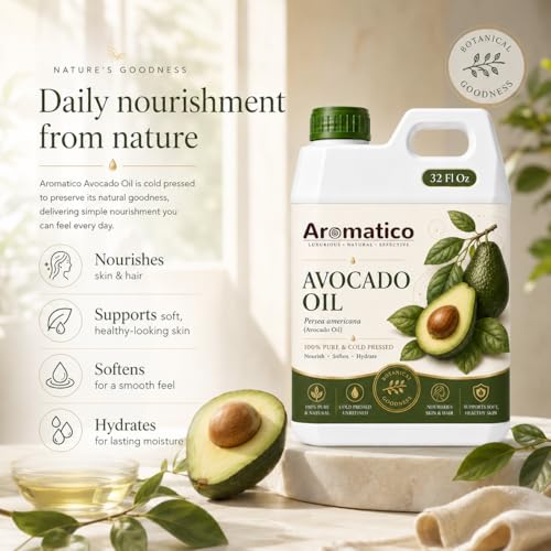 Image of AROMATICO Avocado Oil for Skin, Hair and Body Care, Multipurpose Carrier Oil for Massage, Scalp Care, Dry Skin Routine, DIY Beauty and Natural Glow - 946 ml