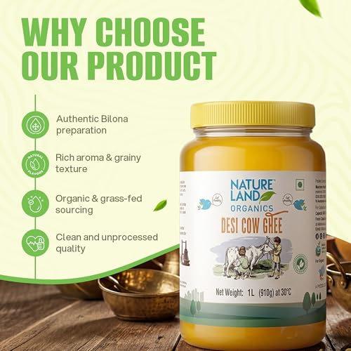 Image of Natureland Organics Premium Cow Ghee 1Ltr - 100% Organic Indian Cow Ghee - Billona Ghee 1ltr