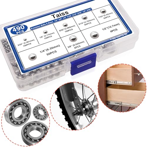 Image of Taiss 490PCS Precision Balls 8 Sizes,Bicycle Bearing Balls 1 /2 inch 3 /8 inch 1 /4 inch 7 /32 inch 3 /16 inch 5 /32 inch 1 /8 inch 3 /32 inch Precision Steel Ball Assortment Kit,Metal Balls F-099-490PCS-GE