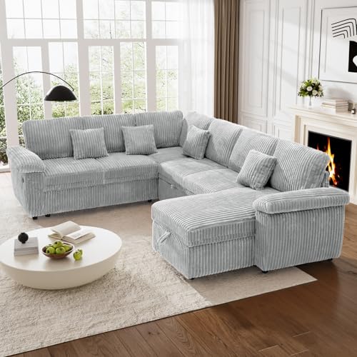 Image of Sectional Sleeper Sofa, Fluffy Soft Corduroy Couch with Pull Out Bed and Storage Chaise, Modern Comfy U Shaped Couch with USB Charger for Living Room, Apartment, Small Spaces, Grey