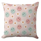 PreLiving Flower Face Preppy Throw Pillow Cover, Hippie Retro Groovy Aesthetic Happy Cute Pillowcase Decoration for Sofa Bedroom Living Room, 18 x 18 Inch