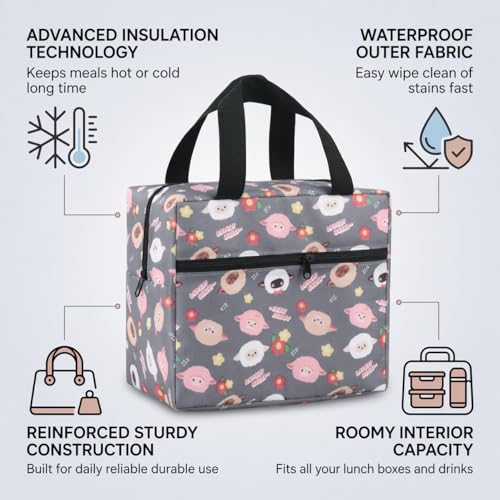 Image of Toy Imagine 5.6L Insulated Lunch Bag for Kids School Cute Cartoon Print Tiffin Bag Snack Tote Bag Compact Portable Leak Proof Tiffin Pouch Hot and Cold Lunch Box Bag for Boys & Girls (Sheep Design Grey)