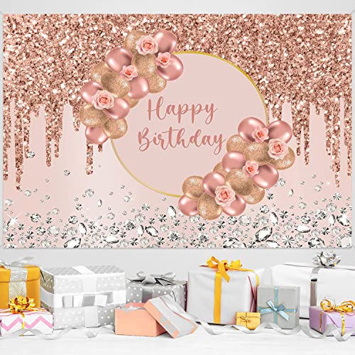 Happy Birthday Backdrop For Girls Women Rose Gold Glitter Diamonds Flower Balloon Sweet 16Th 18Th Birthday Party Banner Decorations Supplies #TOP1