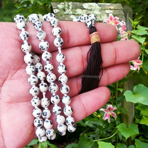 Image of Apnisanskriti Premium Dalmatian Jasper Stone Mala for Men and Women (6mm, AAA Quality, Lab Certified, 108+1) - Natural Stone Beads Mala - White & Black Dots Colour - Pack of 1