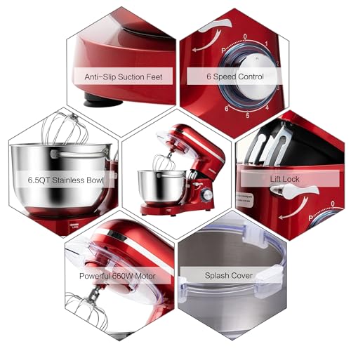 Image of Aucma Stand Mixer,6.5-QT 660W 6-Speed Tilt-Head Food Mixer, Kitchen Electric Mixer with Dough Hook, Wire Whip & Beater (Red, 6.5QT)