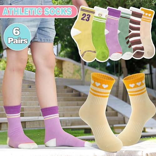 Sandsuced 6 Pairs Girls Kids Socks Athletic Basketball Sport Crew Youth Cotton Soft Breathable Socks for Outdoor4