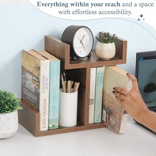 Image of ABOUT SPACE Table Top Bookshelf - Countertop Bookcase with 3 Shelves, DIY Engineered Wood Multipurpose Storage Organizer Table Shelf Book Rack for Home Study Room (L 33 x B 17 x H 30 cm - Walnut
