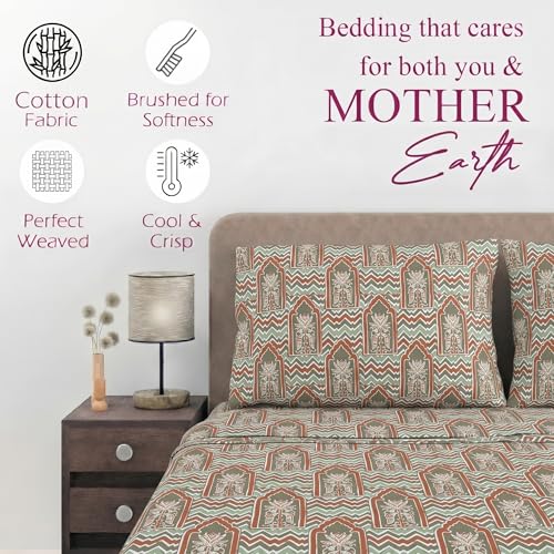 Image of Trance Home Linen 100% Cotton 144TC Elastic Fitted Bedsheet | Printed King Bed Size Elasticated Fitted Bedspread with 2 Pillow Covers (King 78x72 inch, Mihrab Green)