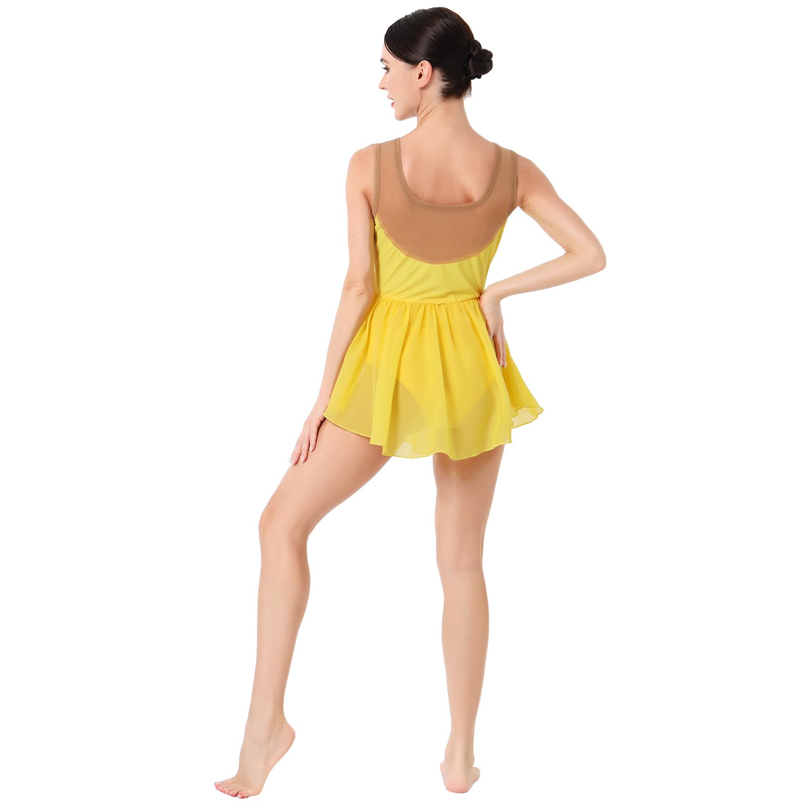 Figure Skating Dress for Women Ice Skating Costume Shiny Sequins Flower Dance Leotard Gradient Mesh See Through Chiffon Flowy Skirt Ballerina Gymnastics Competition Dancewear Yellow S