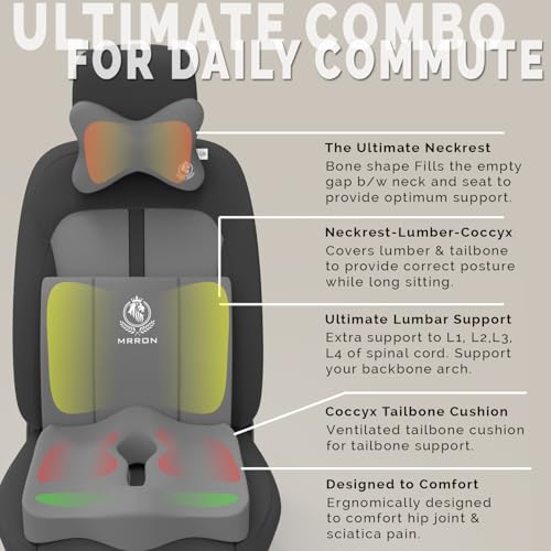 Image of MRRON Memory Foam Car Seat Cushion Combo - Backrest, Coccyx Cushion & Neckrest - Orthopedic Support for Back, Sciatica & Neck Pain - Ergonomic Comfort for Car, Office. (Grey, Lumbar)