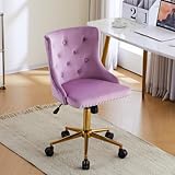 VINGLI Mauve Purple Armless Home Office Desk Chair with Gold Base/Wheels, Small Cute Vanity/Makeup Chair with Back for Bedroom, Upholstered Adjustable Rolling Swivel Nail Chair for Women/Girls