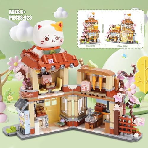 Image of SKY LINE OCEAN Japanese Street View Taiyaki Shop Mini Building Blocks Set, 923+ PCS Cute Cat Food Shop Architecture Model Kit, Creative MOC Construction Toy for Girls Boys Kids Adults