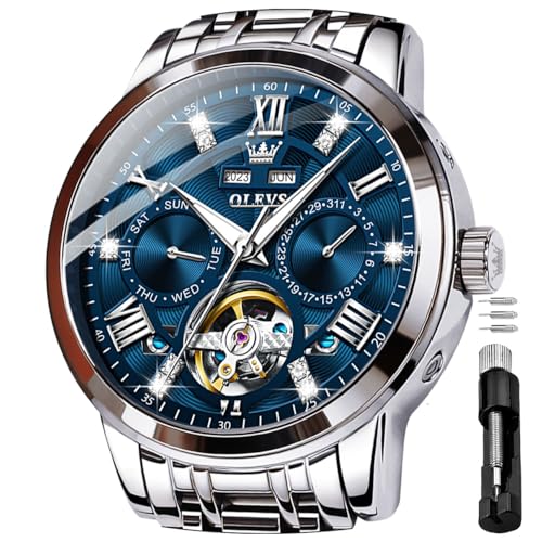 OLEVS Herren Automatikuhr Diamanten Tourbillon Skelett Luxus Edelstahl-Armbanduhr mit Kalender, 30M wasserdicht Leuchtzeigern Mechanische Selbstaufzugsuhr für Business/Abendmode im Geschenkbox