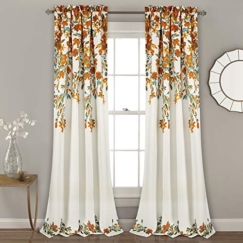Lush Decor Tanisha Curtains - Light Filtering Window Panel Set, Pair - Floral Vine Print, Beautiful, Modern, Elegant Home Decor - 52" W x 84" L, Tangerine & Turquoise by Lush Decor - Used condition - CA$23.39