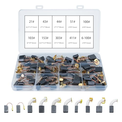 60 escobillas de carbón de repuesto, 10 tamaños para motores eléctricos de herramientas eléctricas, universales para taladros percutores, amoladoras angulares y sierras circulares.