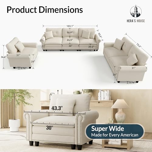 Image of HERA'S HOUSE 3 Pieces Modular Sectional Sofa Sets, Mid-Century Modern Couch Set with Loveseats, Comfy Cloud Couch with Nailhead Trim, 6-Seater Deep Seat Sofa for Living Room, Linen Beige