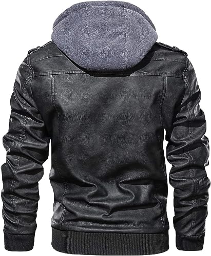 Image of Blaq Ash Men's Faux Leather Hooded Motorcycle Jacket, Zip-Up, with Pockets, Removable Hood