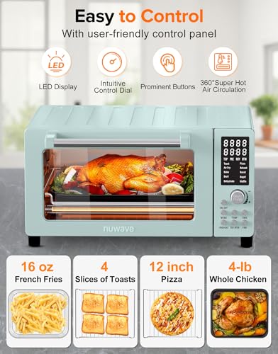 Nuwave Bravo Pro Smart Air Fryer Toaster Oven Combo, Airfryer Convection Oven Countertop, 12-in-1 Functions with Quicker & Even Crisp Technology, 1800W, 50-450°F, PFAS-Free, 21QT, Mint