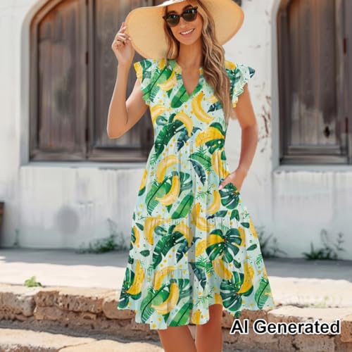 Image of Women's Casual Ruffle Sleeve Dress V Neck Pullover Dress Flowy A-Line Pleated Lightweight Dress with Pockets