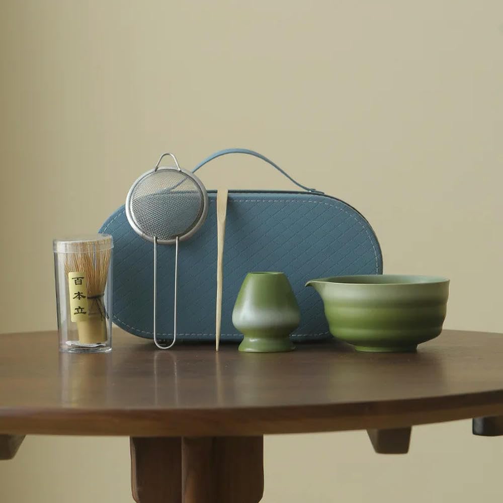 Juego de Matcha de Viaje 5 Piezas Diseño Compacto y portátil, tazón de cerámica Japonesa, Kit de Matcha para Ceremonia del té al Aire Libre