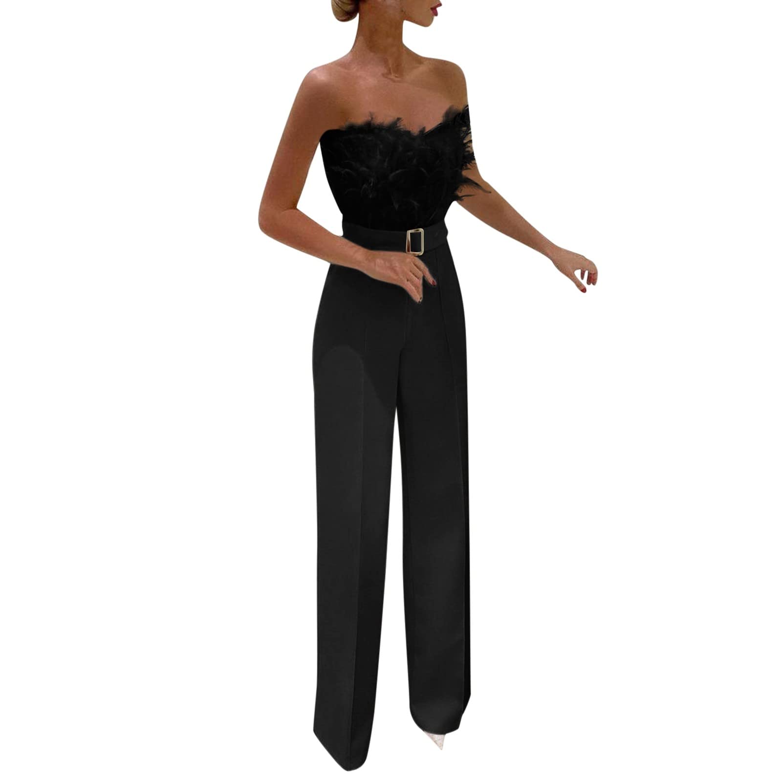 Générique Combinaison Pantalon Femme Bustier Plumes Taille Haute Jambe Large Ceinture Élégante Sexy Chic Soirée Cocktail Club Été Printemps Tenue De Fête Mariage Bal Cérémonie
