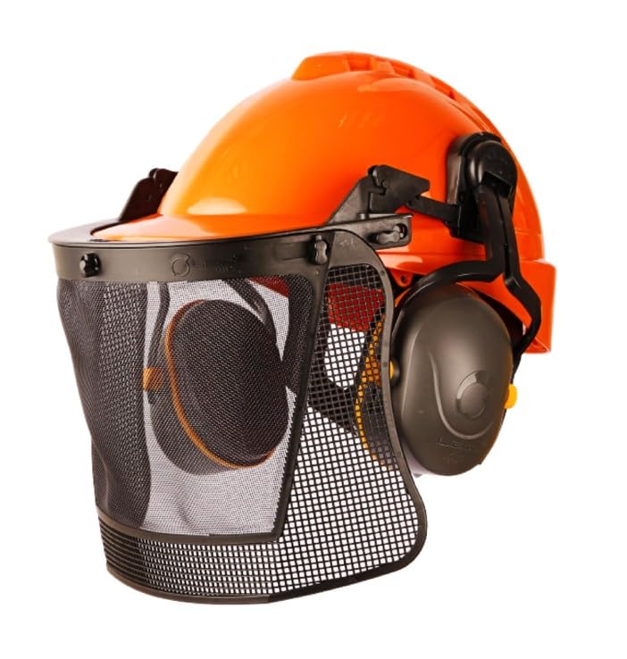 LIBUS Forestry Safety Kit – Integrated Face, Hearing & Head Protection Set with Mesh Face Shield, L-340 Ear Muffs, Chin Strap & High-Visibility Helmet